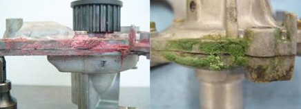 Water leaks from the mounting surface of the water pump.